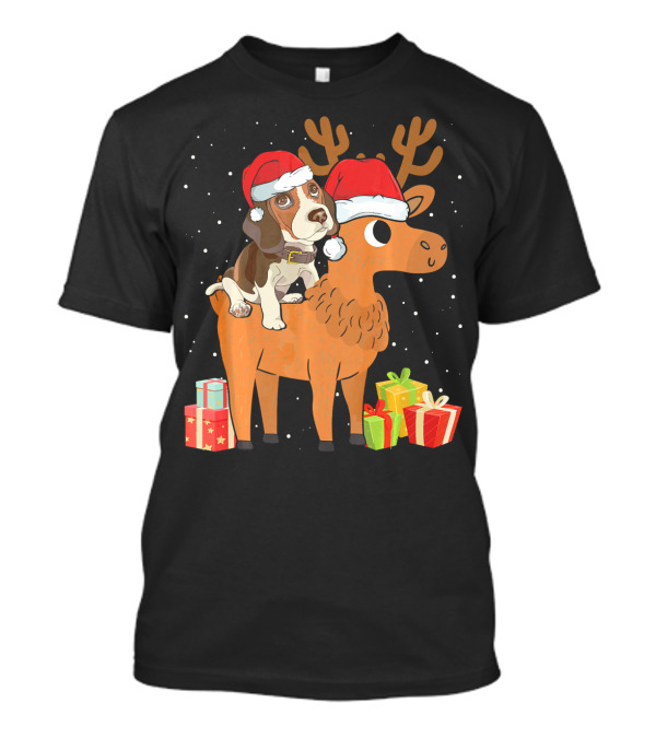 Funny Beagle In Santa Hat Riding Reindeer With Christmas Presents T-Shirt