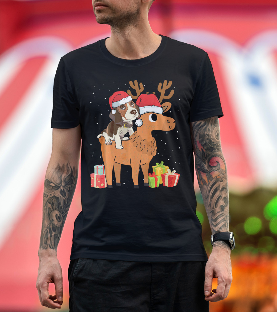 Funny Beagle in Santa Hat Riding Reindeer with Christmas Presents T-Shirt