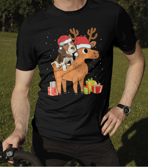 Funny Beagle In Santa Hat Riding Reindeer With Christmas Presents T-Shirt