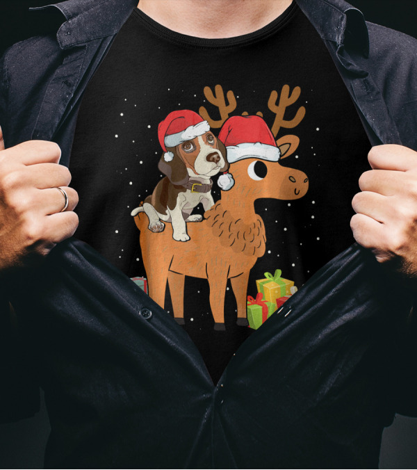 Funny Beagle In Santa Hat Riding Reindeer With Christmas Presents T-Shirt