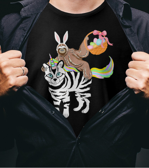 Egg Basket Sloth Bunny Riding Unicorn Zebra T-Shirt