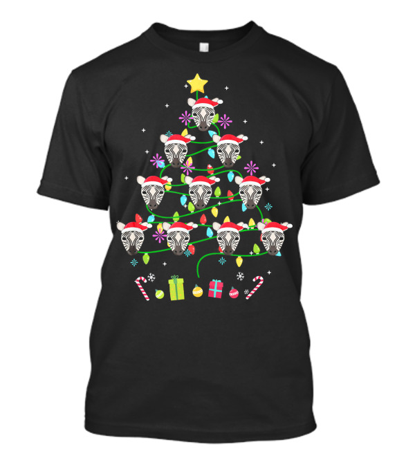 Zebra Heads Santa Hats Christmas Tree Lights Candy Canes Presents T-Shirt