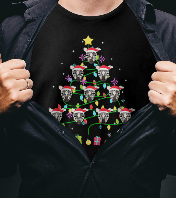 Zebra Heads Santa Hats Christmas Tree Lights Candy Canes Presents T-Shirt