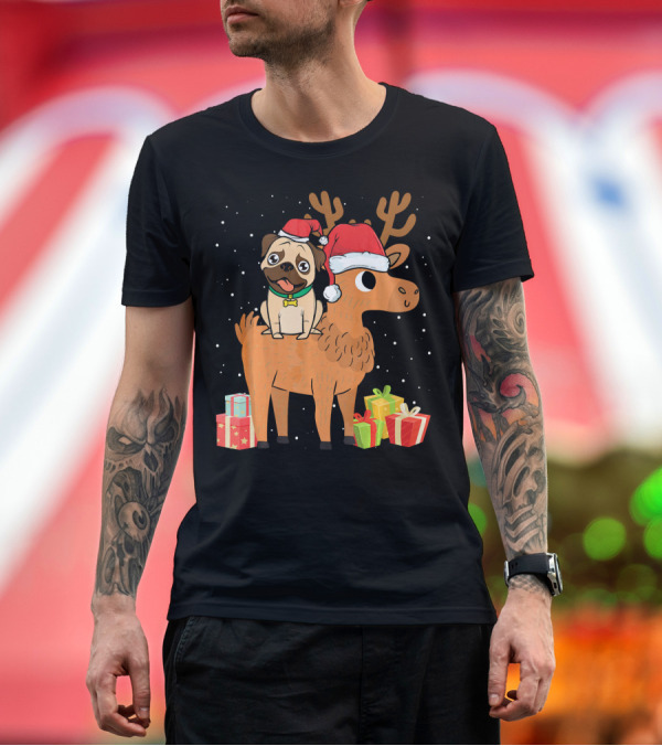 Premium T-Shirt: Funny Christmas Pug and Reindeer with Santa Hats and Presents T-Shirt Funny Christmas Pug and Reindeer with Santa Hats and Presents T-Shirt