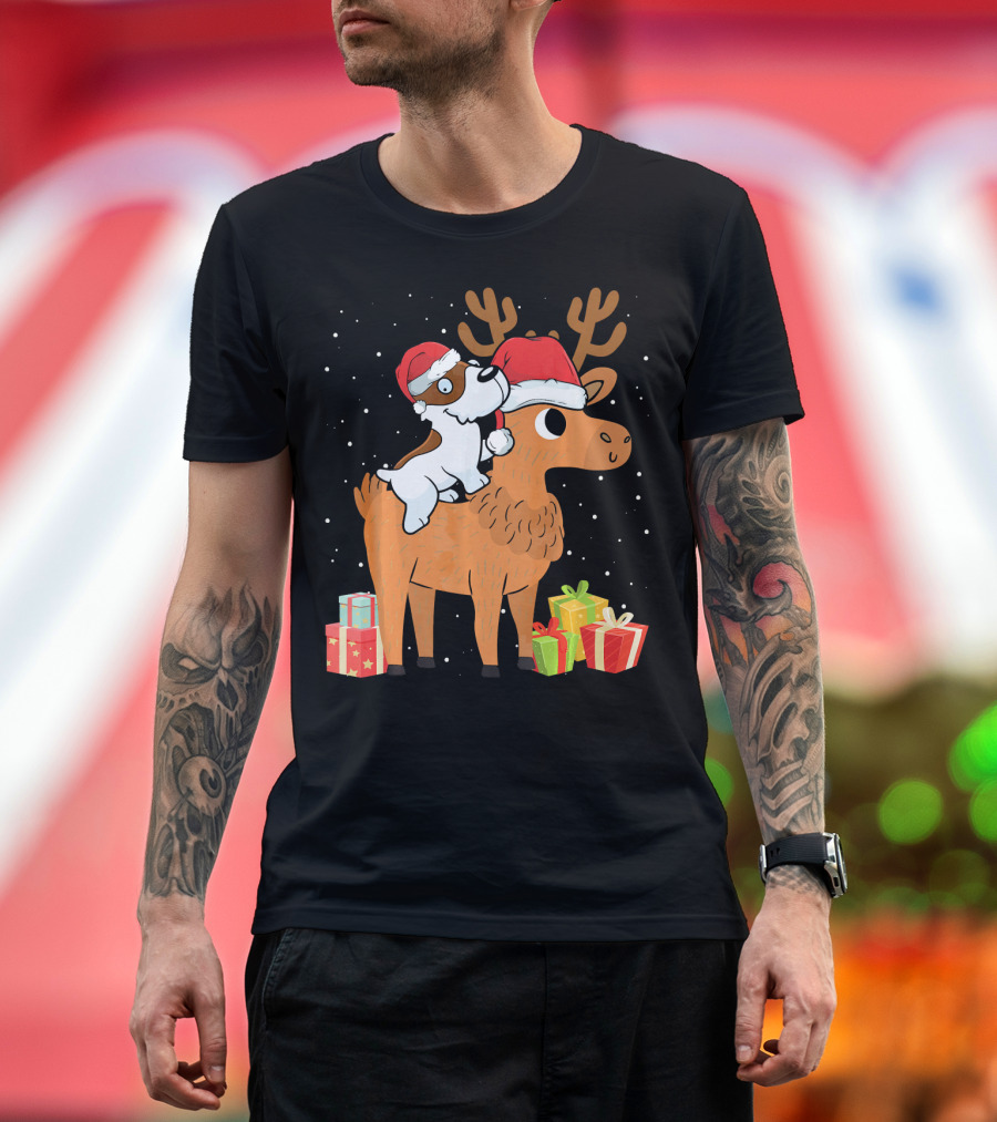 Funny Jack Russell Terrier in Santa Hats Riding Reindeer with Presents T-Shirt
