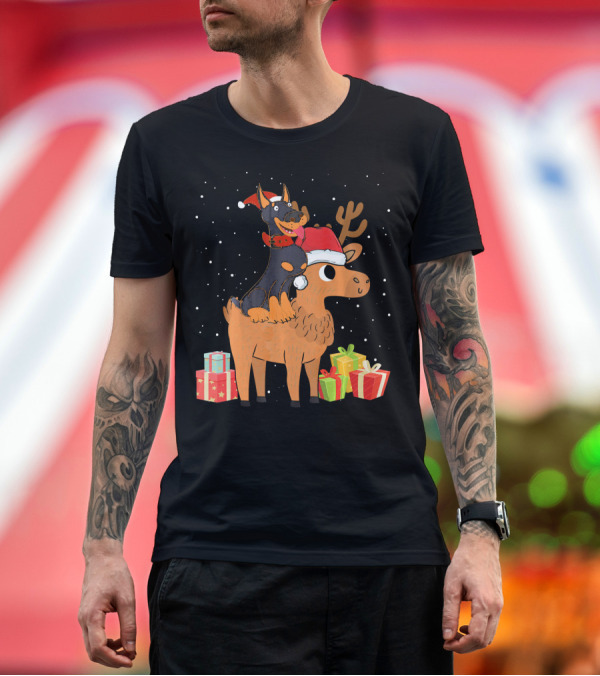 Premium T-Shirt: Funny Doberman Riding Deer with Santa Hats and Christmas Gifts T-Shirt Funny Doberman Riding Deer with Santa Hats and Christmas Gifts T-Shirt