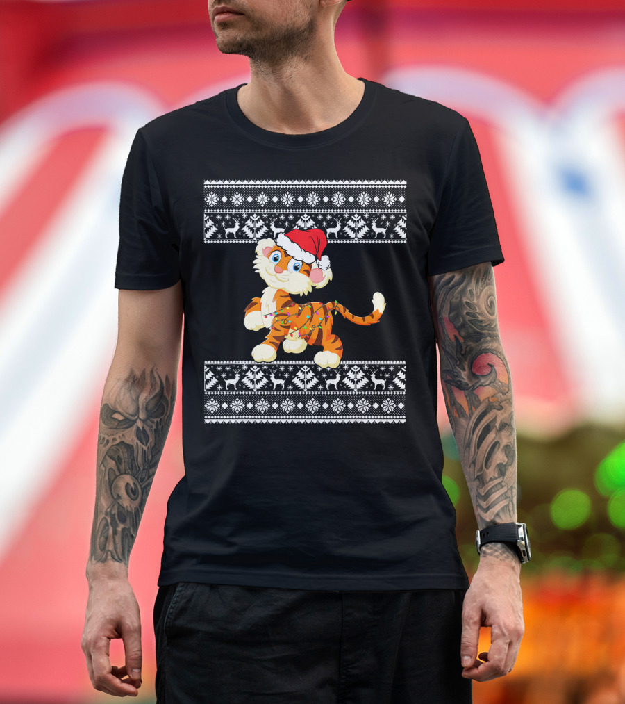 Funny Festive Tiger Santa Hat Christmas Lights and Nordic T-Shirt