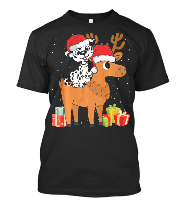Funny Dalmatian Riding Deer With Santa Hats And Christmas Gifts T-Shirt