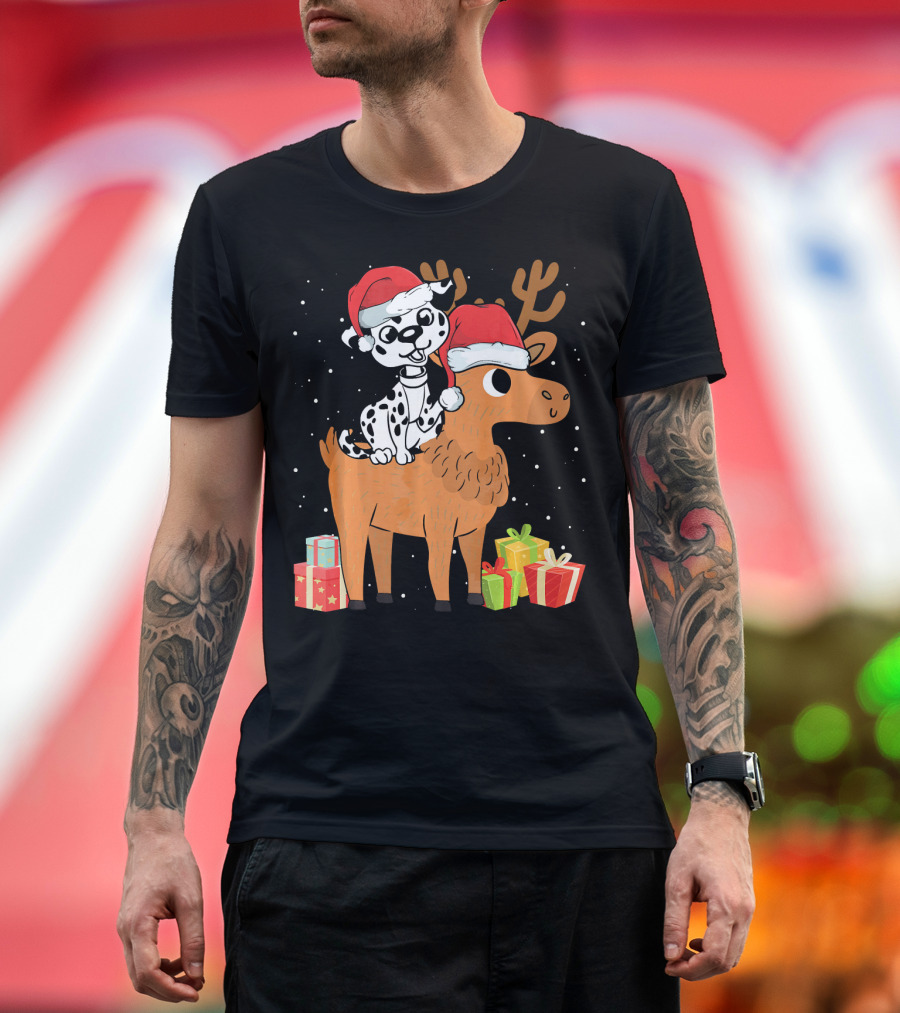 Funny Dalmatian Riding Deer with Santa Hats and Christmas Gifts T-Shirt