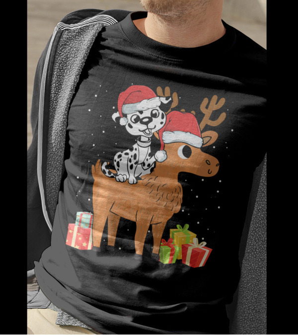 Funny Dalmatian Riding Deer With Santa Hats And Christmas Gifts T-Shirt