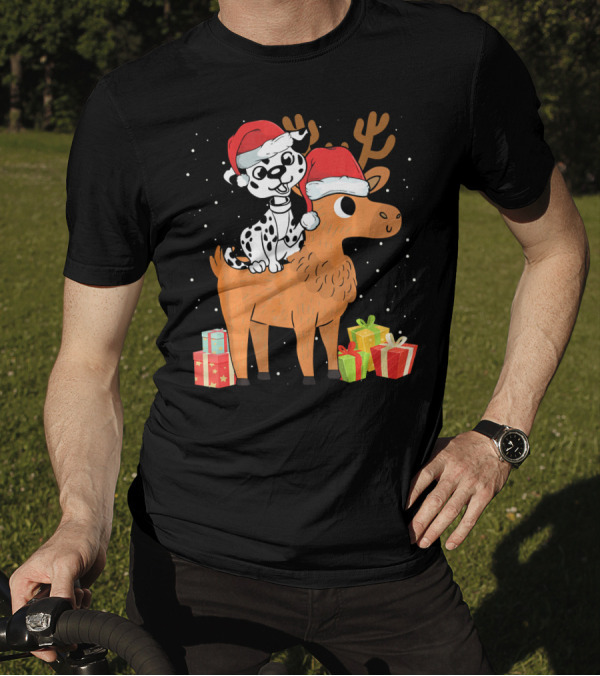 Funny Dalmatian Riding Deer With Santa Hats And Christmas Gifts T-Shirt