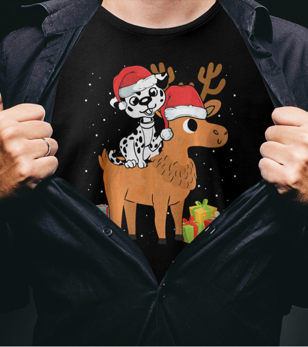 Funny Dalmatian Riding Deer With Santa Hats And Christmas Gifts T-Shirt