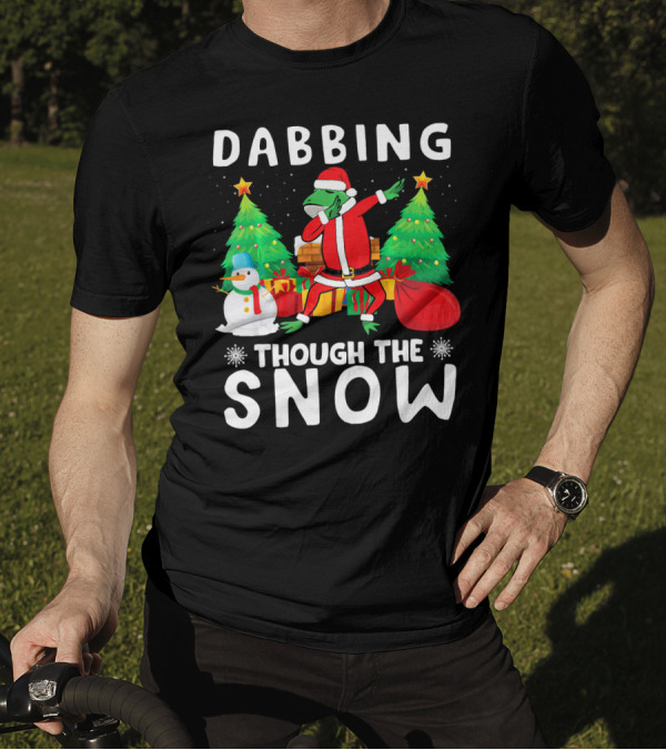 Dabbing Frog Santa With Snowman And Christmas Trees Through The Snow T-Shirt