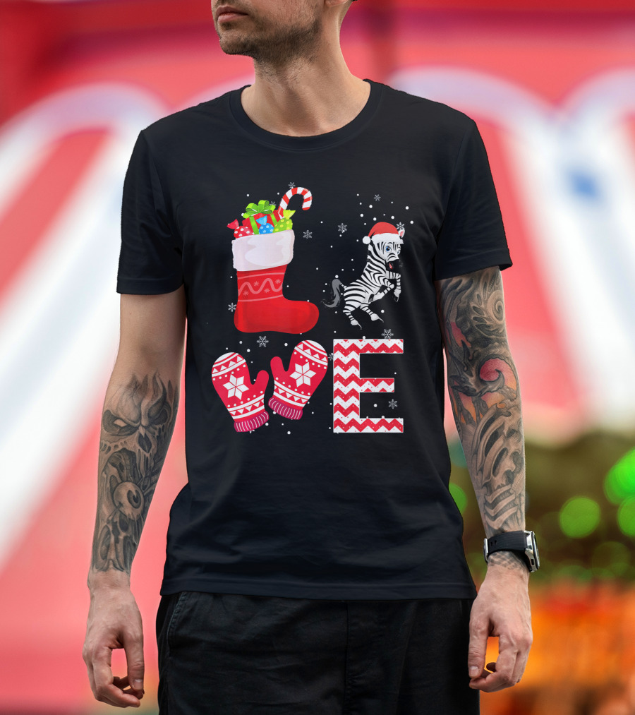 Funny Christmas Zebra Love Santa Stocking Mittens T-Shirt