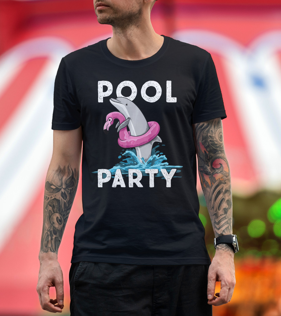 POOL PARTY Dolphin with Floating Flamingo Awesome T-Shirt