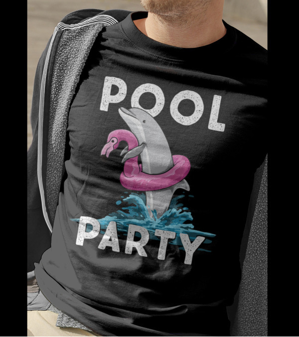 POOL PARTY Dolphin With Floating Flamingo Awesome T-Shirt