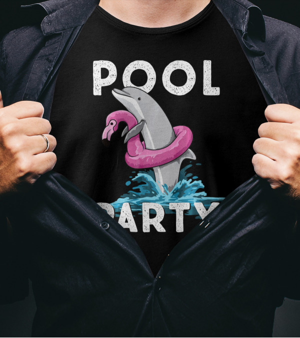 POOL PARTY Dolphin With Floating Flamingo Awesome T-Shirt