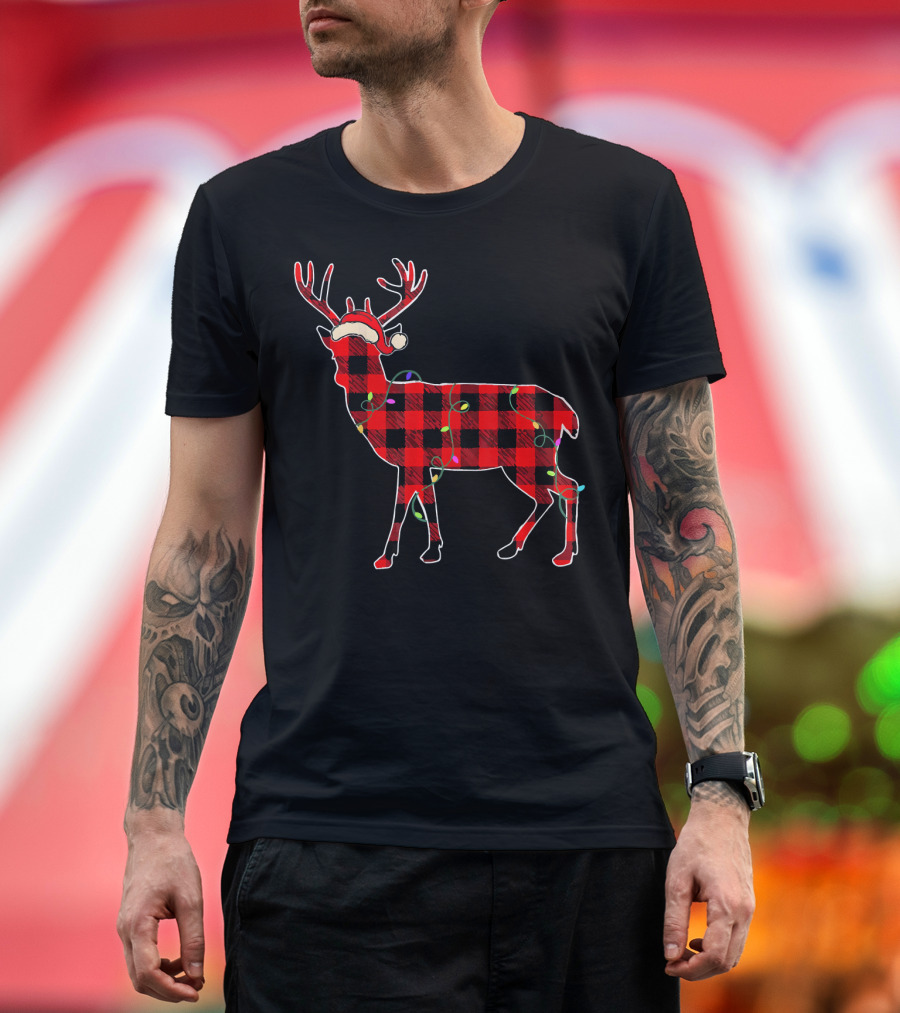 Funny Deer Red Plaid Christmas Lights Santa Hat T-Shirt