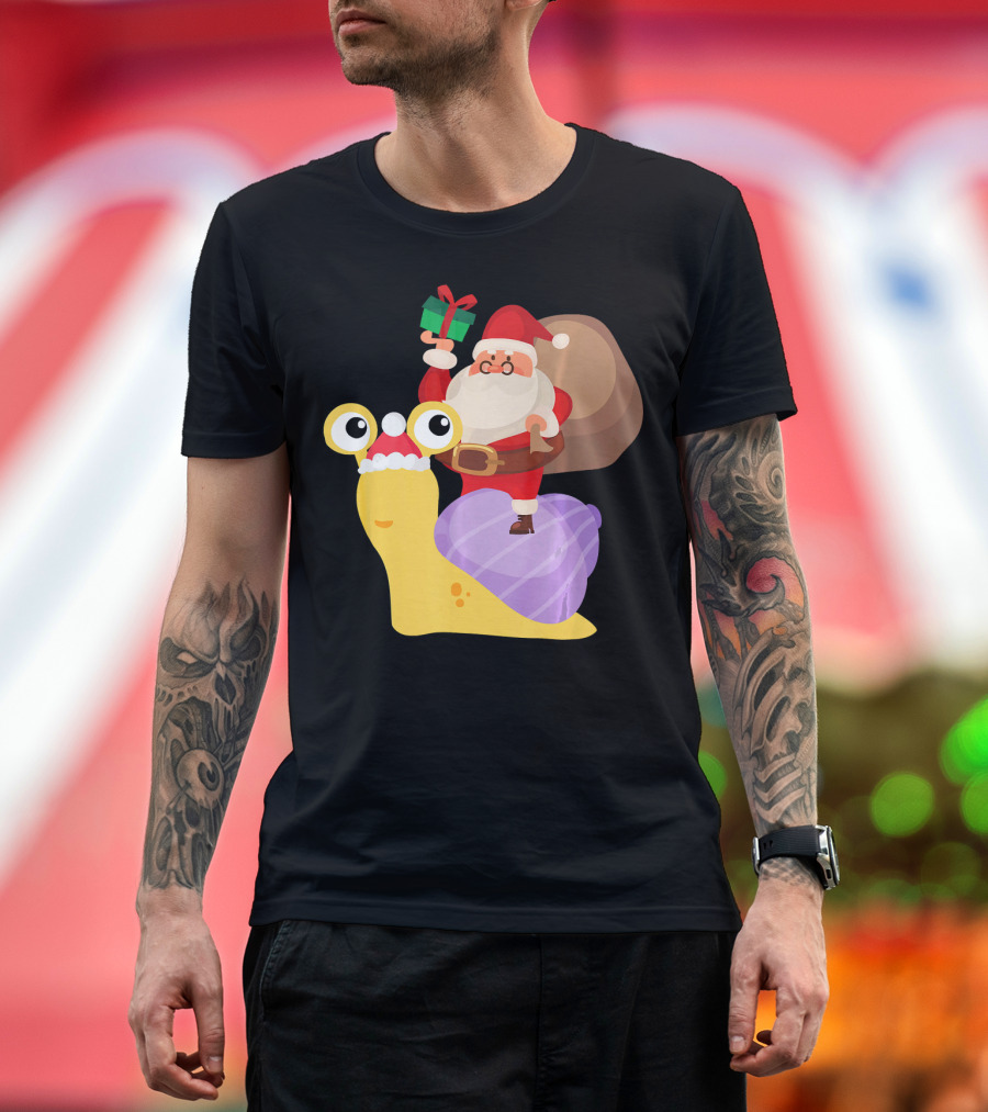 Funny Santa Riding Snail Christmas Pajama Graphic Santa with Gift on Bright Cartoon Snail T-Shirt