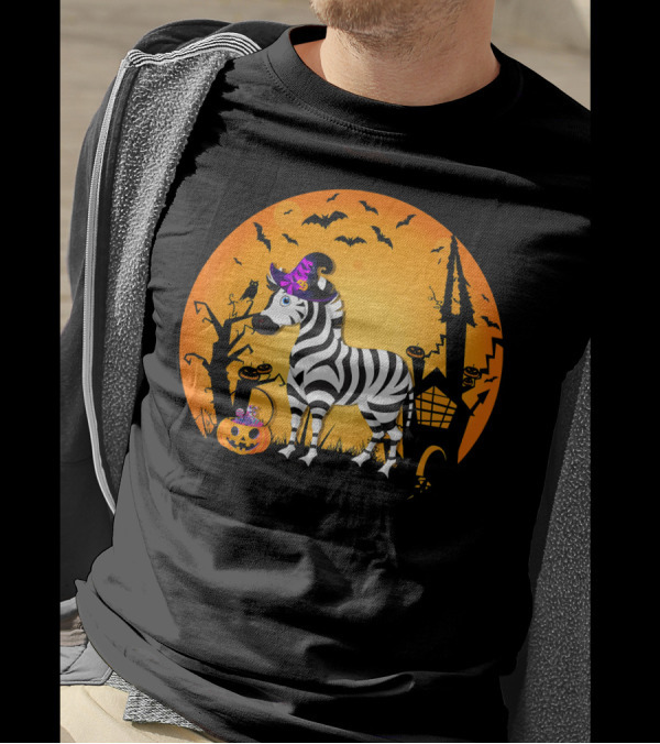 Halloween Zebra Witch Hat Pumpkin Spooky Night Scene T-Shirt