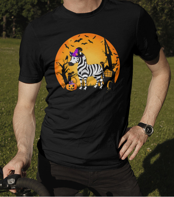 Halloween Zebra Witch Hat Pumpkin Spooky Night Scene T-Shirt