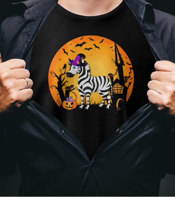 Halloween Zebra Witch Hat Pumpkin Spooky Night Scene T-Shirt