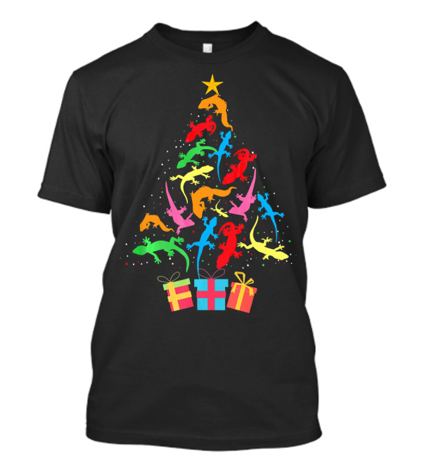 Colorful Gecko Reptiles As Christmas Tree With Gifts T-Shirt