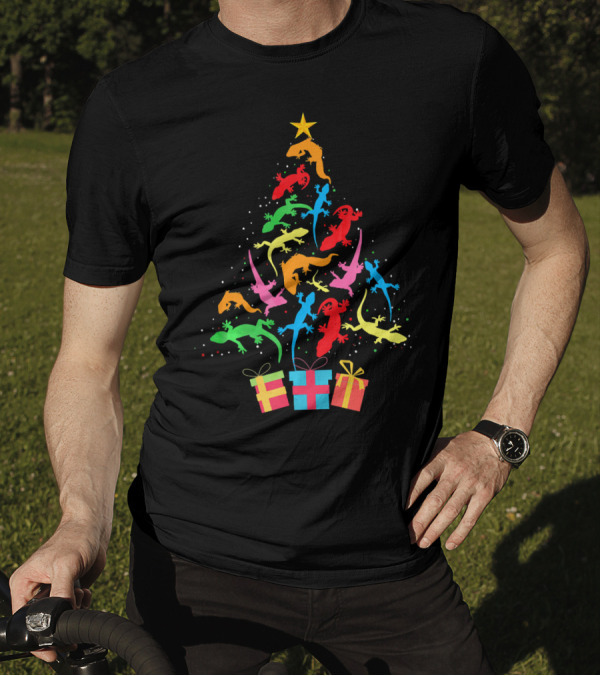 Colorful Gecko Reptiles As Christmas Tree With Gifts T-Shirt