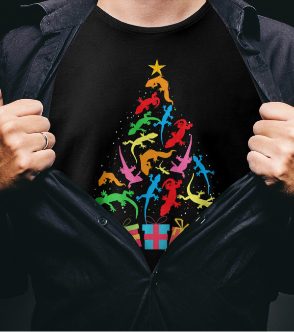 Colorful Gecko Reptiles As Christmas Tree With Gifts T-Shirt