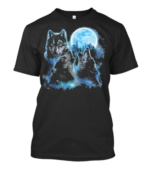 Three Wolves Howling Under Icy Full Moon Night Sky T-Shirt