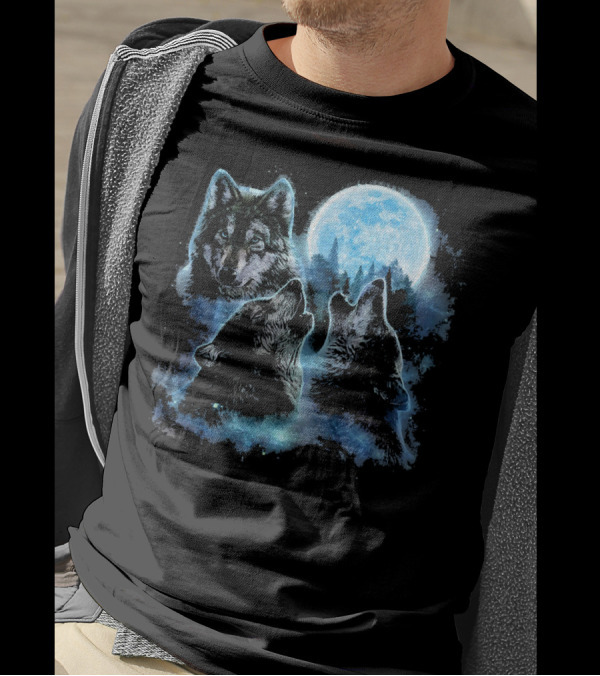Three Wolves Howling Under Icy Full Moon Night Sky T-Shirt