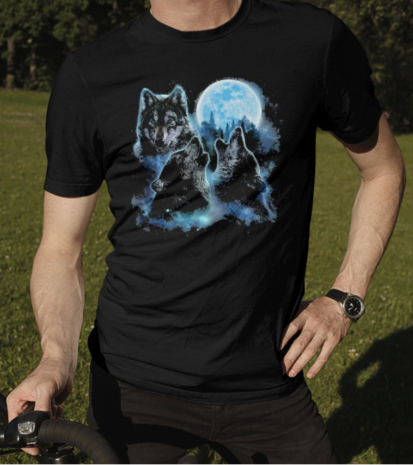 Three Wolves Howling Under Icy Full Moon Night Sky T-Shirt