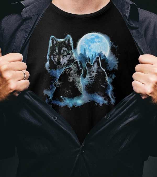 Three Wolves Howling Under Icy Full Moon Night Sky T-Shirt