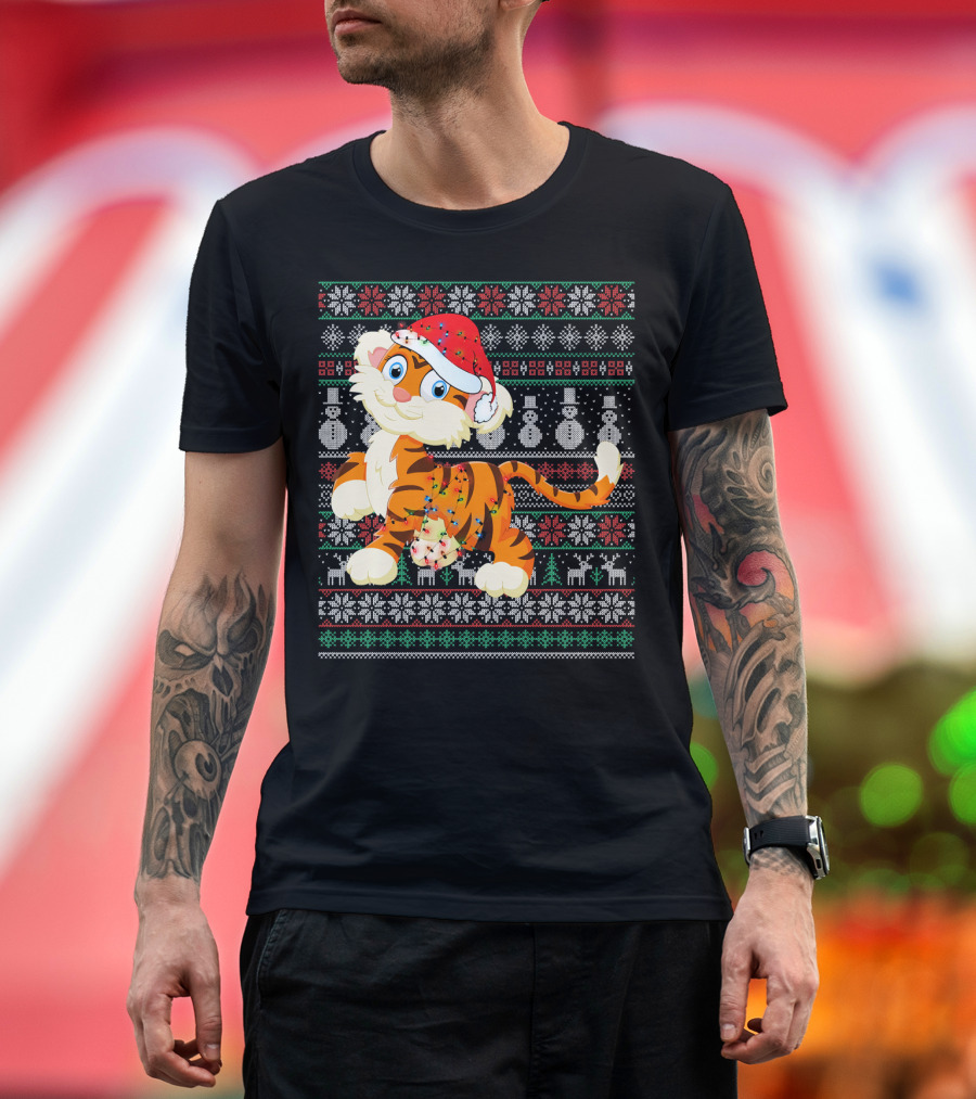 Christmas Tiger Santa Hat Snowflakes Reindeer Ugly T-Shirt
