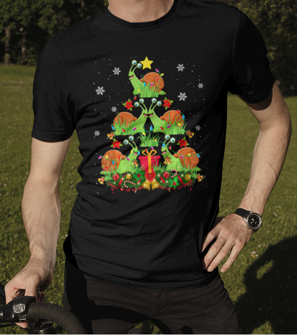 Snail Christmas Tree With Gifts And Snowflakes For Cute Snail Lover T-Shirt