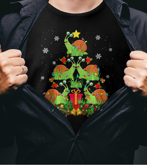 Snail Christmas Tree With Gifts And Snowflakes For Cute Snail Lover T-Shirt