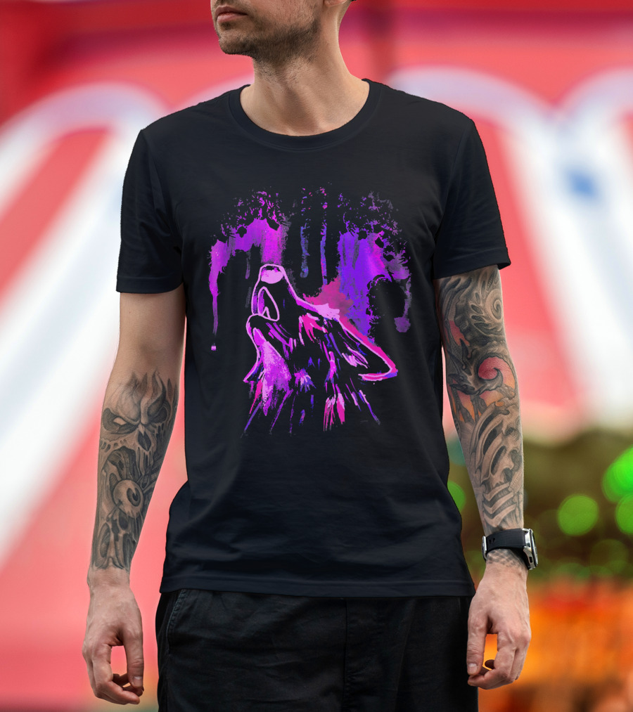 Neon Pink Howling Wolf Under Vibrant Sky T-Shirt