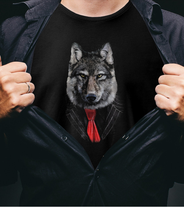 Sharp Looking Wolf In Black Suit With Red Tie T-Shirt