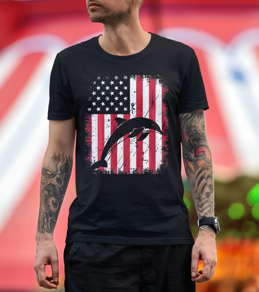 Retro Vintage Dolphin American Flag Graphics with Patriotic T-Shirt