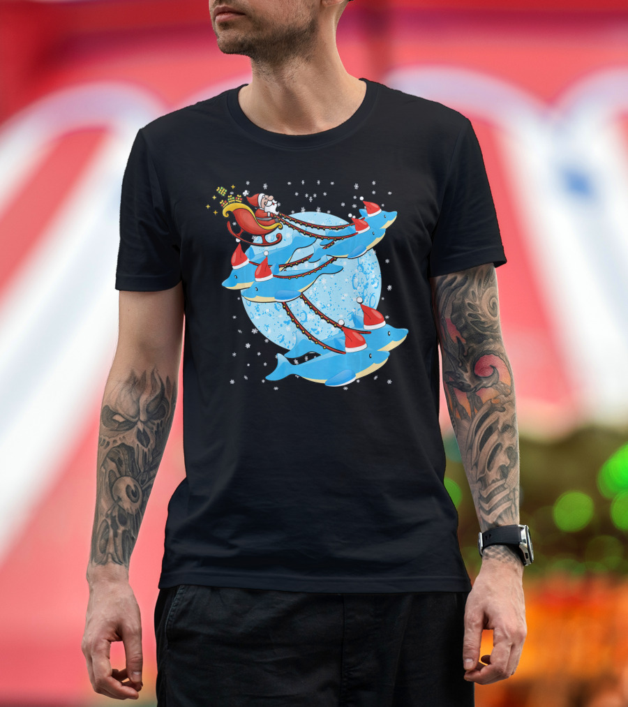 Santa Riding Dolphins Sleigh Christmas Fun T-Shirt