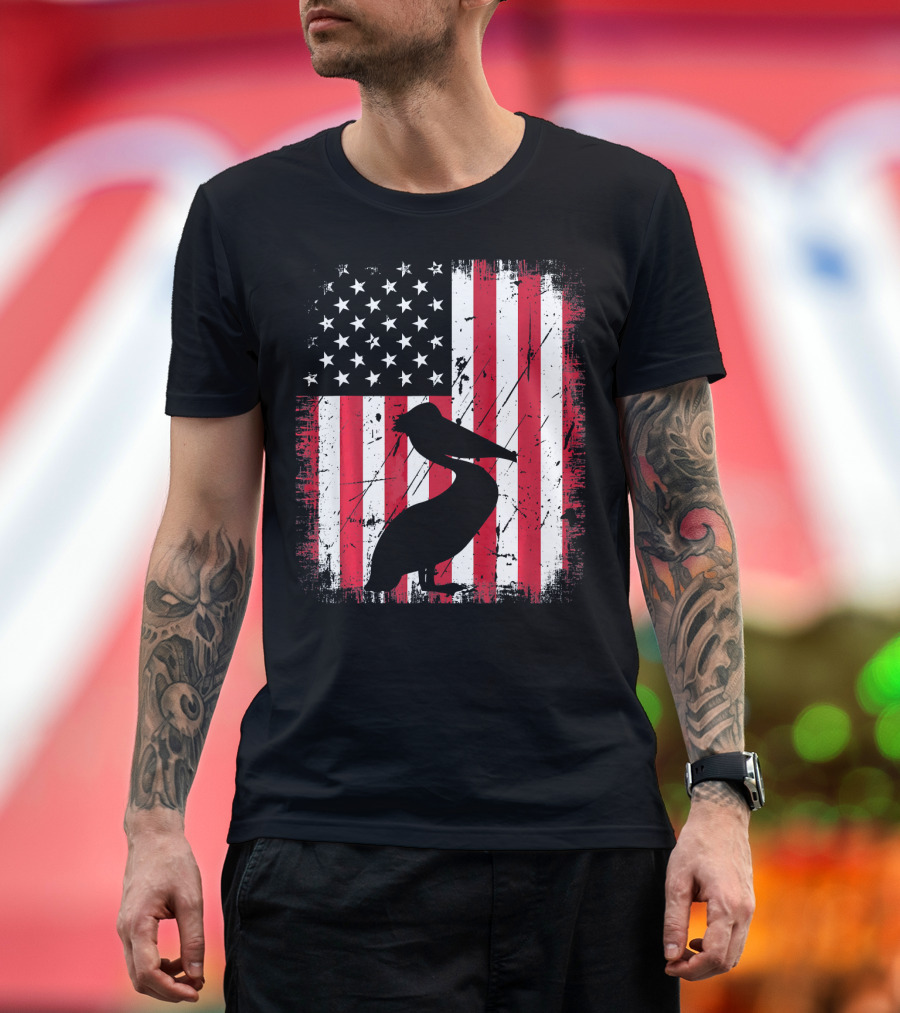 American Flag Pelican Silhouette Retro T-Shirt