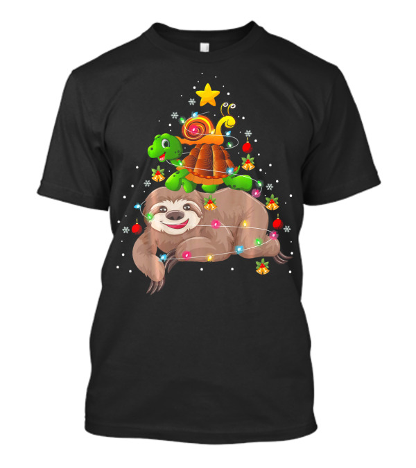 Sloth Turtle Snail Decorated Christmas Tree With Lights And Ornaments T-Shirt