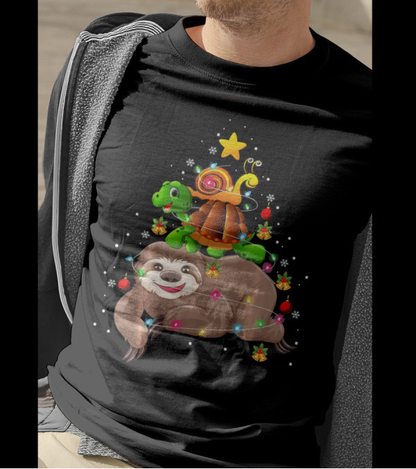 Sloth Turtle Snail Decorated Christmas Tree With Lights And Ornaments T-Shirt