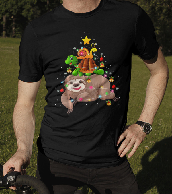 Sloth Turtle Snail Decorated Christmas Tree With Lights And Ornaments T-Shirt