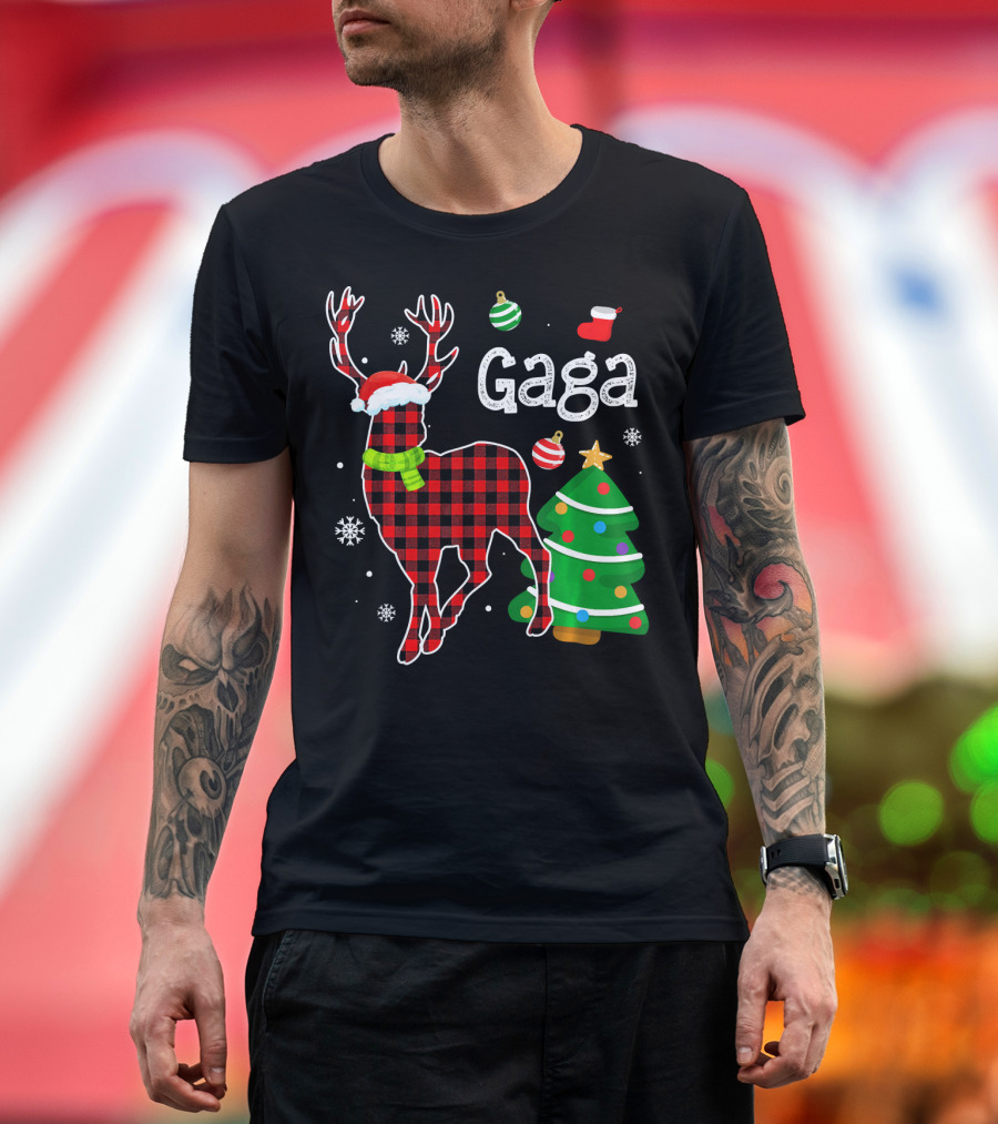 Gaga Red Plaid Deer Christmas Tree Buffalo Matching Fam T-Shirt