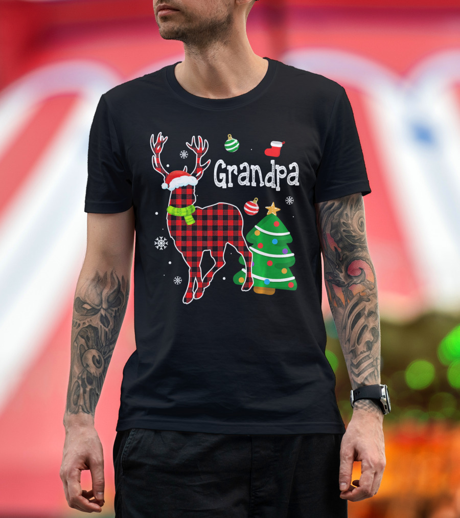 Grandpa Red Plaid Deer with Christmas Tree and Ornaments T-Shirt