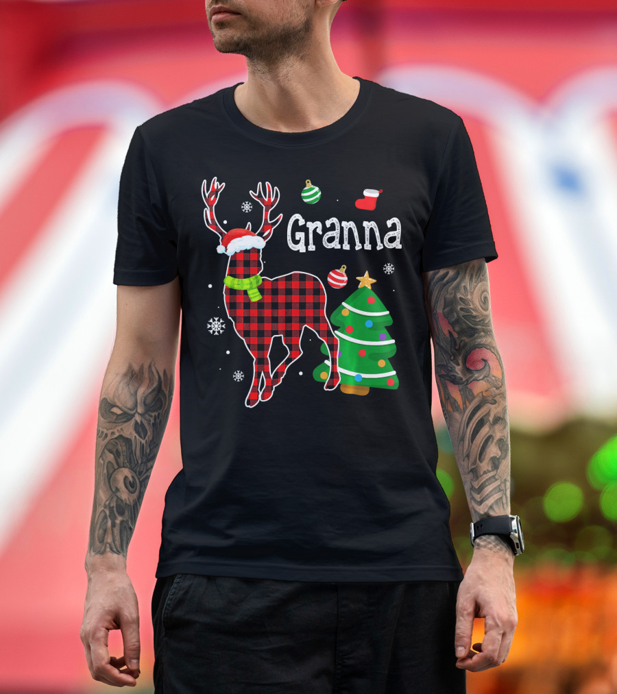 Granna Christmas Red Plaid Deer Buffalo with Santa Hat and Tree T-Shirt