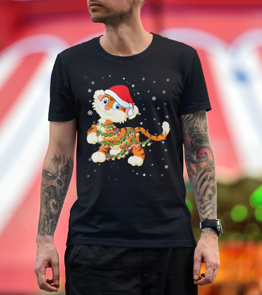 Tiger Light Christmas Santa Hat Snowflakes T-Shirt