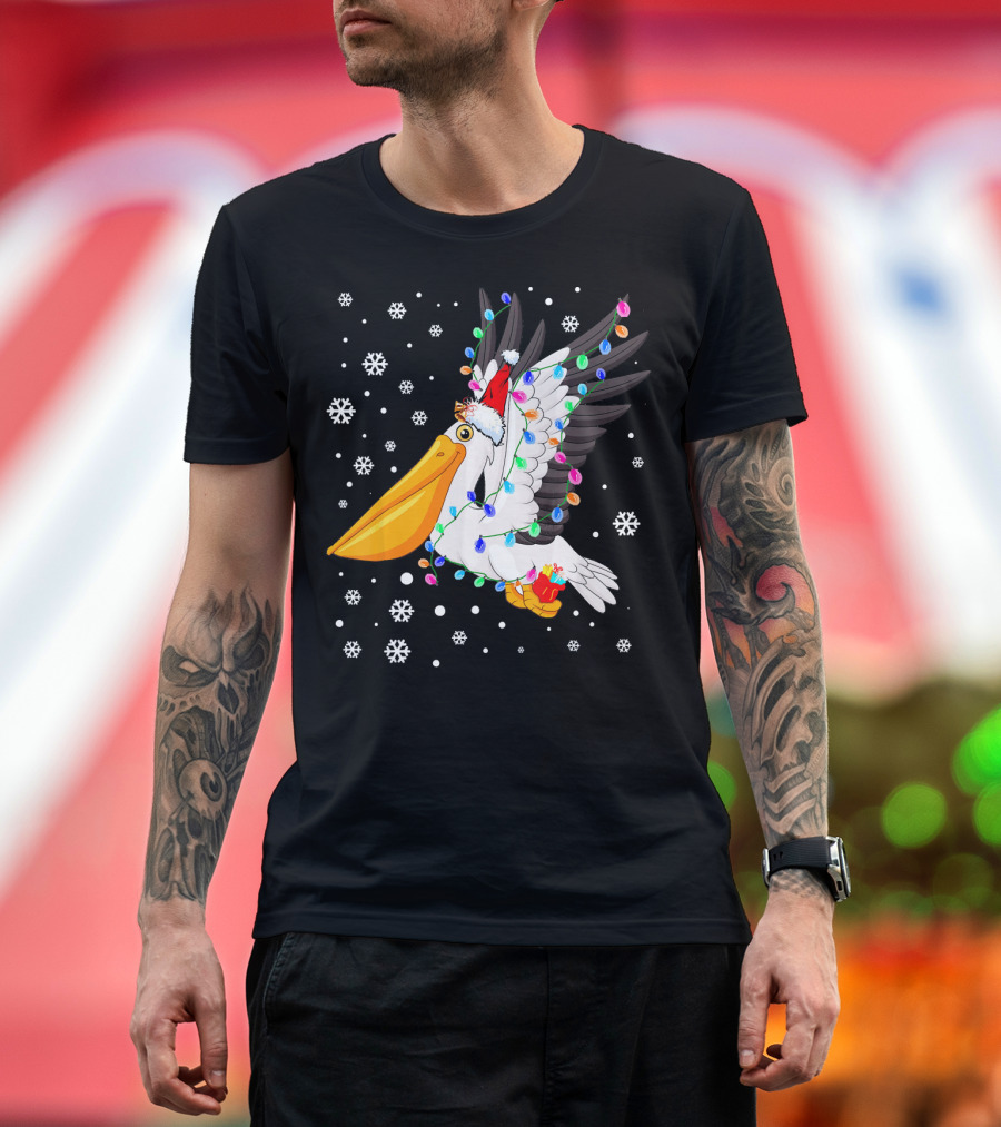 Pelican Christmas Lights Decorations with Santa Hat and Snowflakes T-Shirt