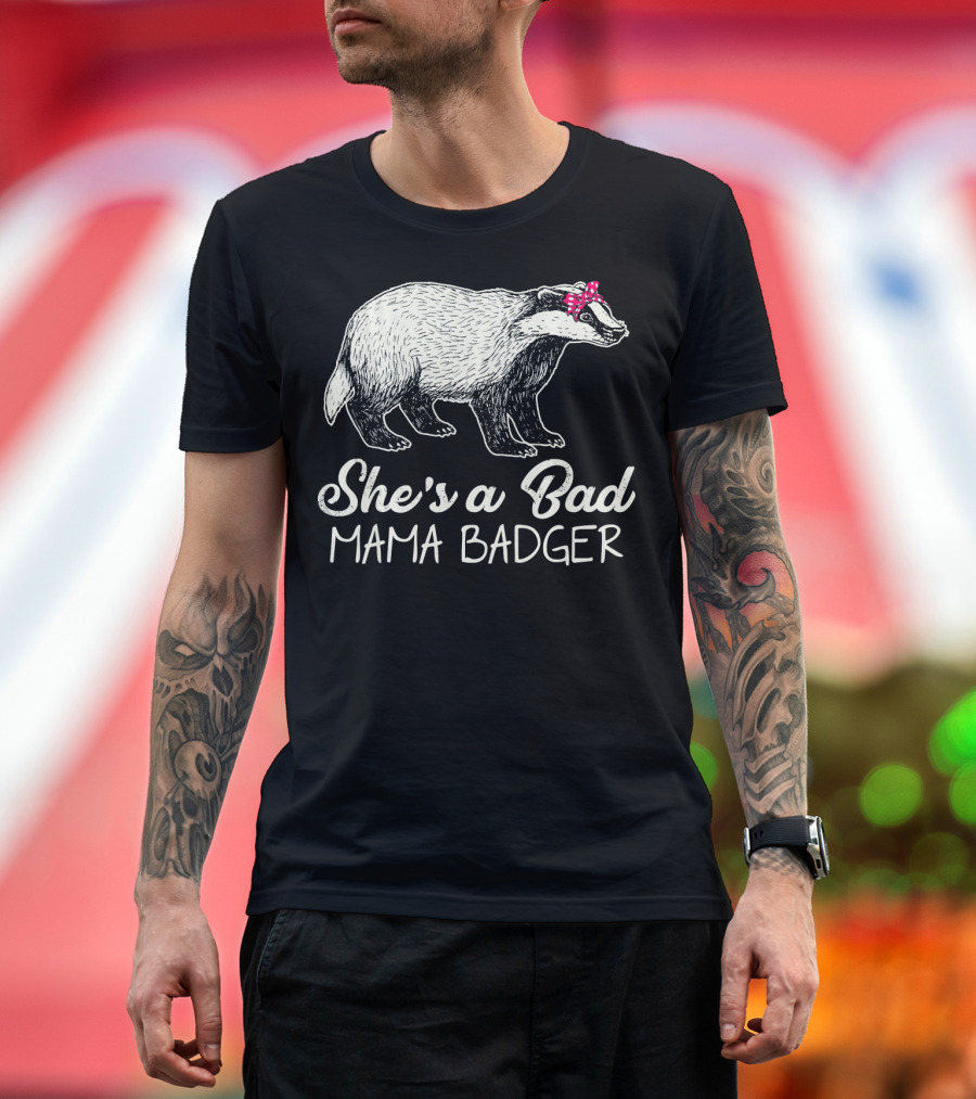 She's a Bad Mama Badger Wearing Pink Polka Dot Bow T-Shirt